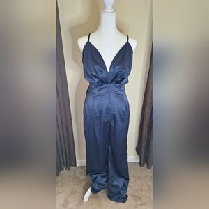 bebe Midnight Blue Satin Jumpsuit
